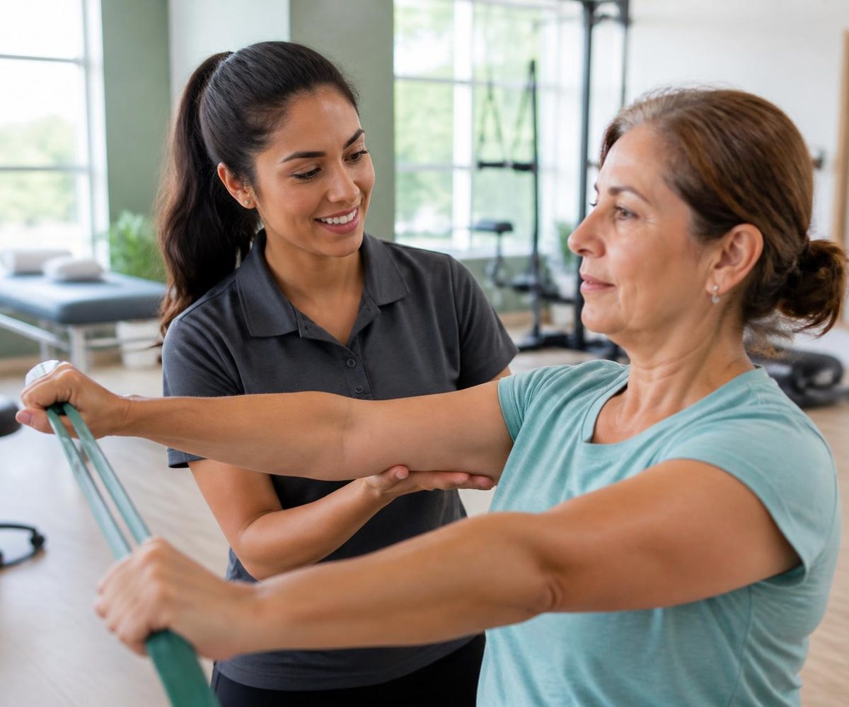 Physical therapist guiding a patient through a shoulder exercise